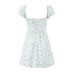 Aiertu  -  Summer Women Elegant Pink Mini Dress Vintage Puff Sleeve Slim Low Waist Birthday Party Dresses Bandage Back Robe Aiertu
