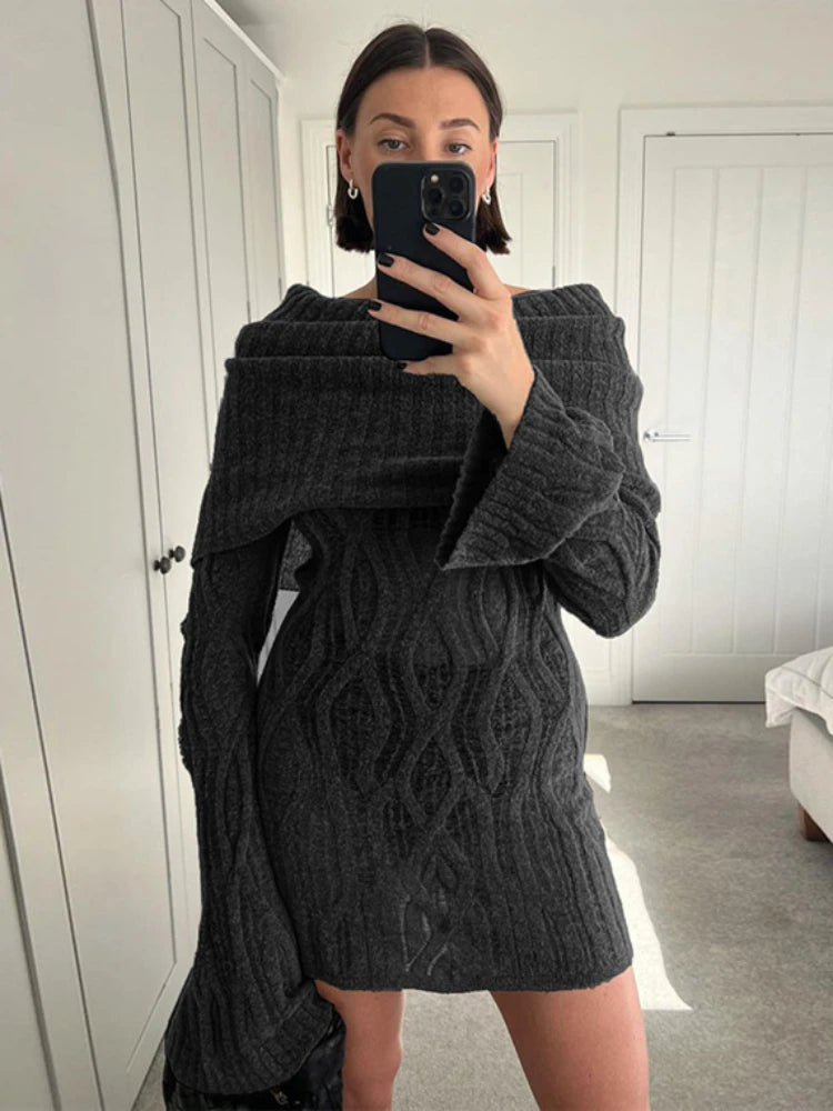 Aiertu  -  Knitted Mini Dress For Women Slim Rib High Waist Flare Sleeve Dresses Femme  Autumn Winter Bodycon Sexy Dress Woman Aiertu