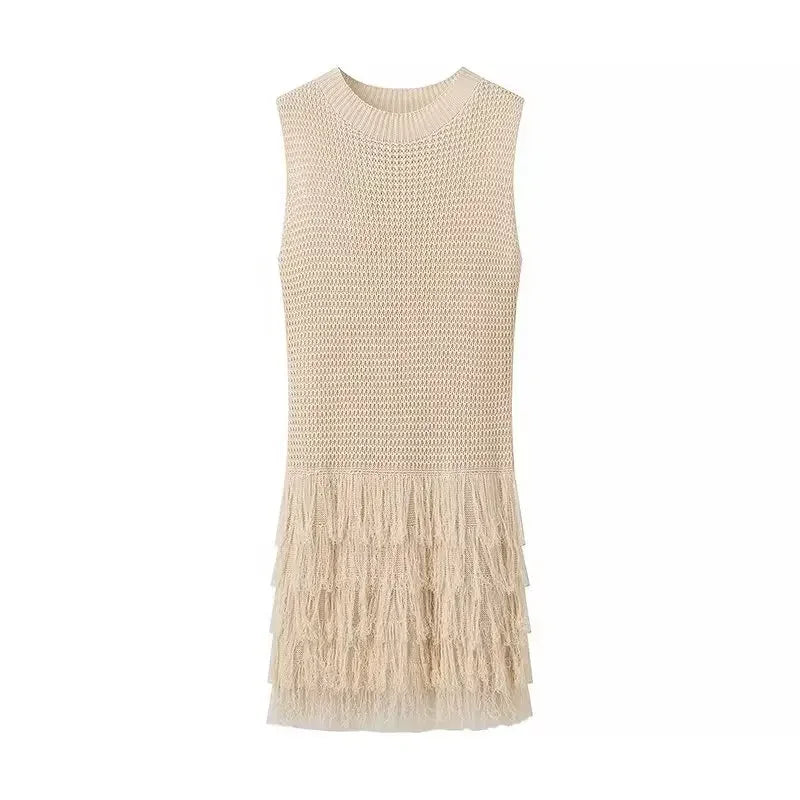 Aiertu  -  Apricot Hollow Out Knitted Tassel Mini Dress Women Sexy O Neck Sleeveless Slim Short Robe Female Fashion Causal Vacation Vestido Aiertu