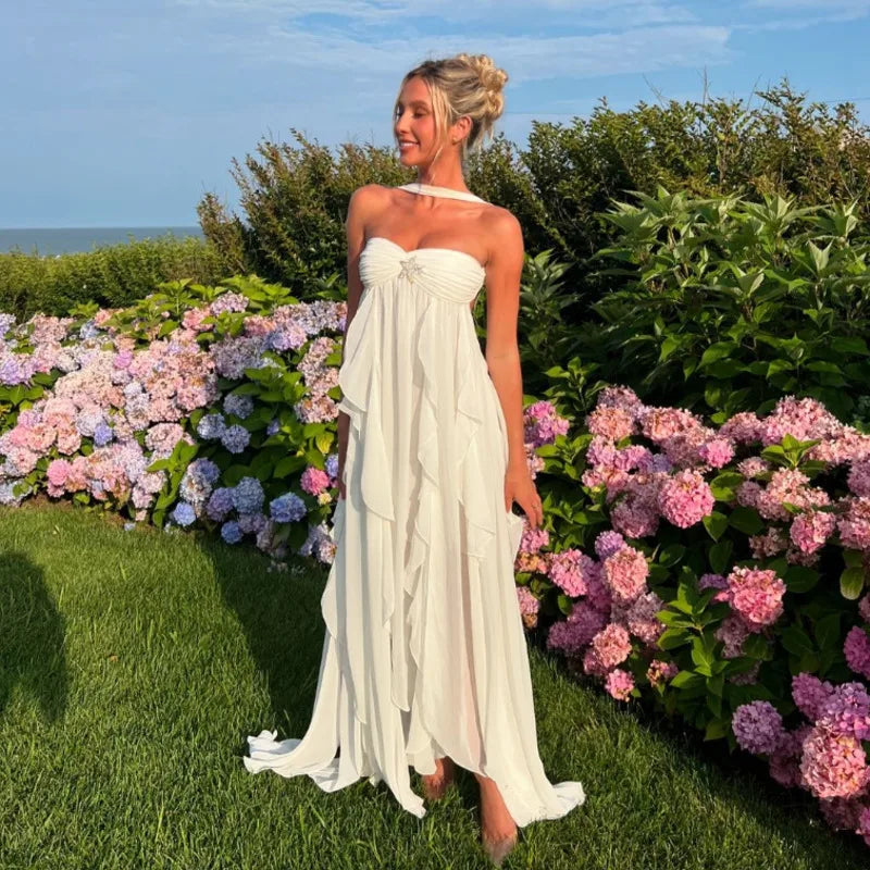 Aiertu  -  Chic Ruffles Scarf Collar Long Dress Women Elegant High Slit Off Shoulder Backless Tassel Midi Dresses Lady Solid Vacation Robes Aiertu