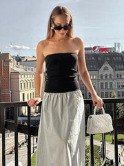 Aiertu  -  Woman Clothing Vintage Strapless Print Patchwork A-line Holiday Dress Female Sexy Sleeveless Black Long Party Evening Dresses Aiertu