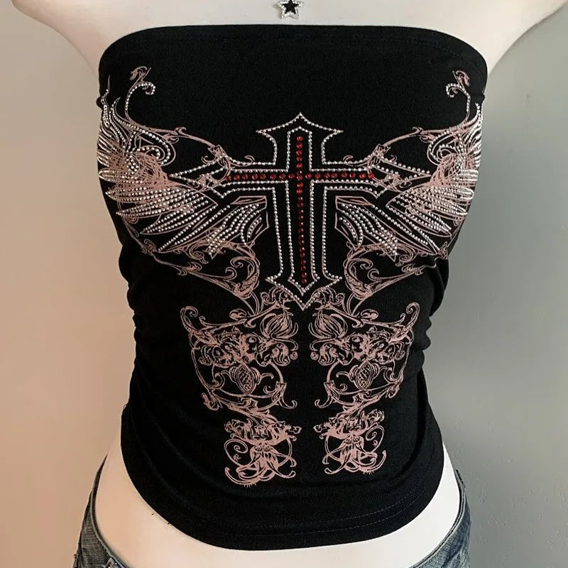 Aiertu  -  Y2K dark personality pattern printed tube top female niche hot girl outside wearing backless slim jacket Aiertu