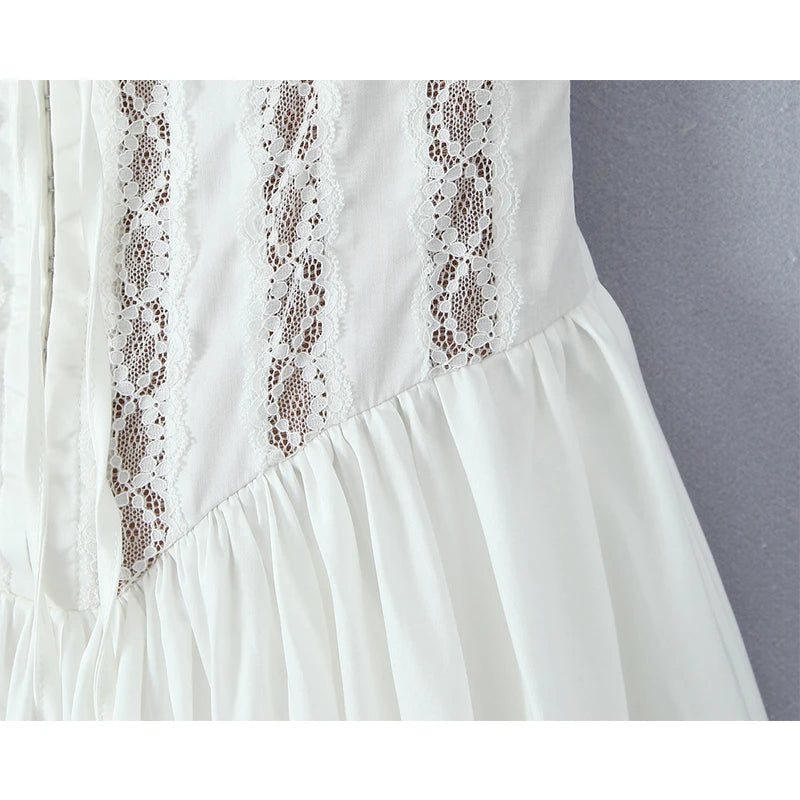 Aiertu  -  Romantic Women Patchwork Lace Sling Sexy Dress Round Neck Low Waist Pleated Swing White Party Mini Dresses Birthday Robe Aiertu