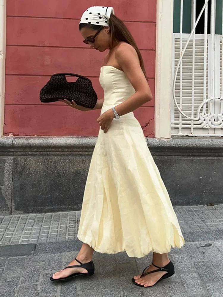 Aiertu  -  Elegant A-line Long Flower Bud Dress Women Evening High Waist Backless Sleeveless Tube Dresses 2025 Summer Gown Solid Vestidos Aiertu