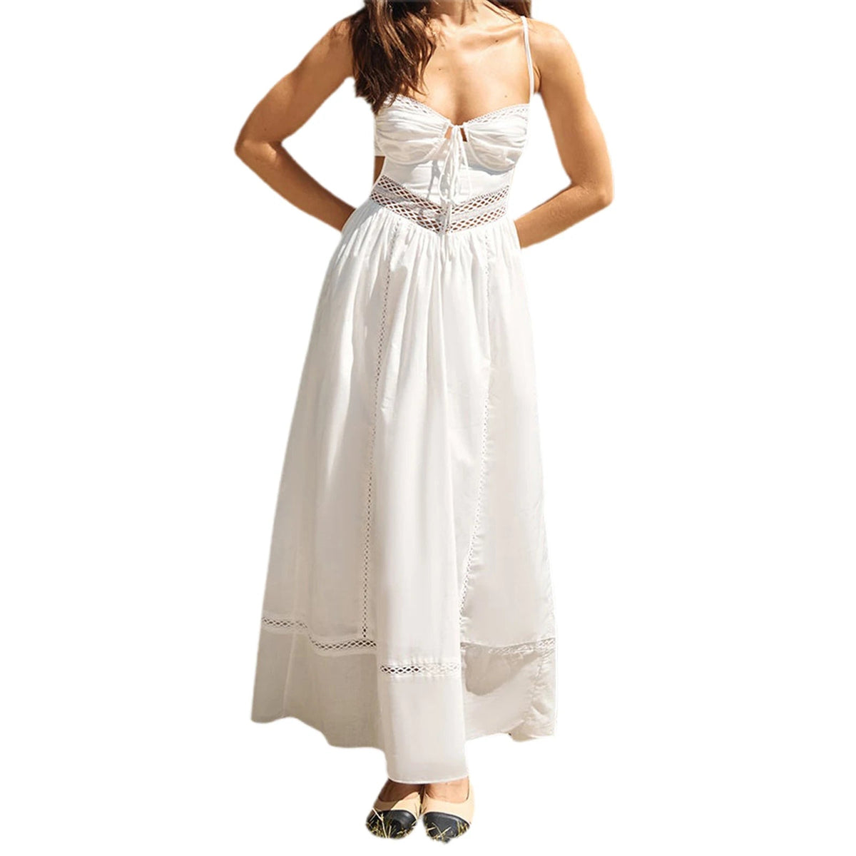 Aiertu  -   Elegant Lace Sleeveless Maxi Dress with V-Neckline and Open Back Detail for Evening Cocktail Wedding Party Wear Aiertu