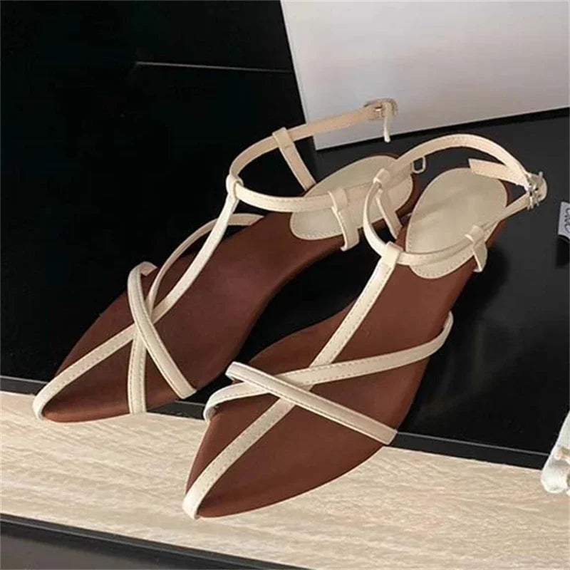 Aiertu  -   2025 Summer Womens Sandals  Fashion Pointed Toe Buckle Strap Narrow Band Low Heels Shoes Zapatos Mujer Aiertu