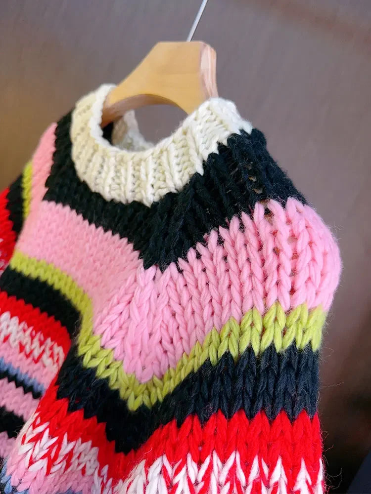 Aiertu  -  Multicolor Striped Handmade Jumper Sweet Rainbow Wool Blended Color Block Knit Tee Short Sweater Autumn/Winter Woman Knitwear Aiertu