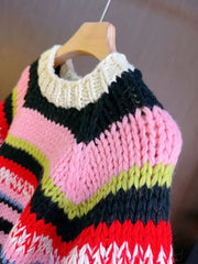 Aiertu  -  Multicolor Striped Handmade Jumper Sweet Rainbow Wool Blended Color Block Knit Tee Short Sweater Autumn/Winter Woman Knitwear Aiertu
