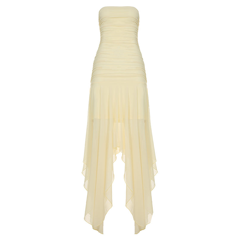 Aiertu  -   Asymmetric Mesh Patchwork Tube Dress Yellow Green Color Strapless A-line Long Dresses for Party Holiday Elegant Robe Aiertu