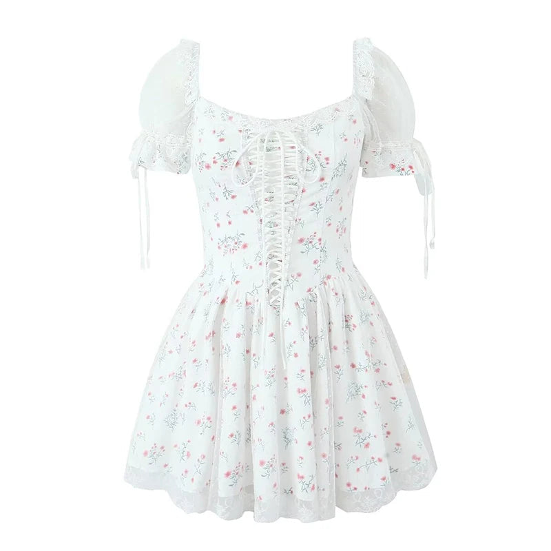 Aiertu  -  Sexy Off Shoulder Floral Print Mini Dresses For Women Short Sleeve Low Waist Holiday Summer Dress Lace Up Elegant Party Robe Aiertu