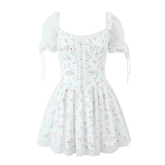 Aiertu  -  Sexy Off Shoulder Floral Print Mini Dresses For Women Short Sleeve Low Waist Holiday Summer Dress Lace Up Elegant Party Robe Aiertu