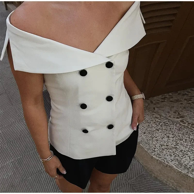 Aiertu  -  Slim Off Shoulder Double-breasted Waistcoat Women Sexy Sleeveless Vest 2026 Summer Autumn Ladies Fashion Elegant Tops Streetwear Aiertu