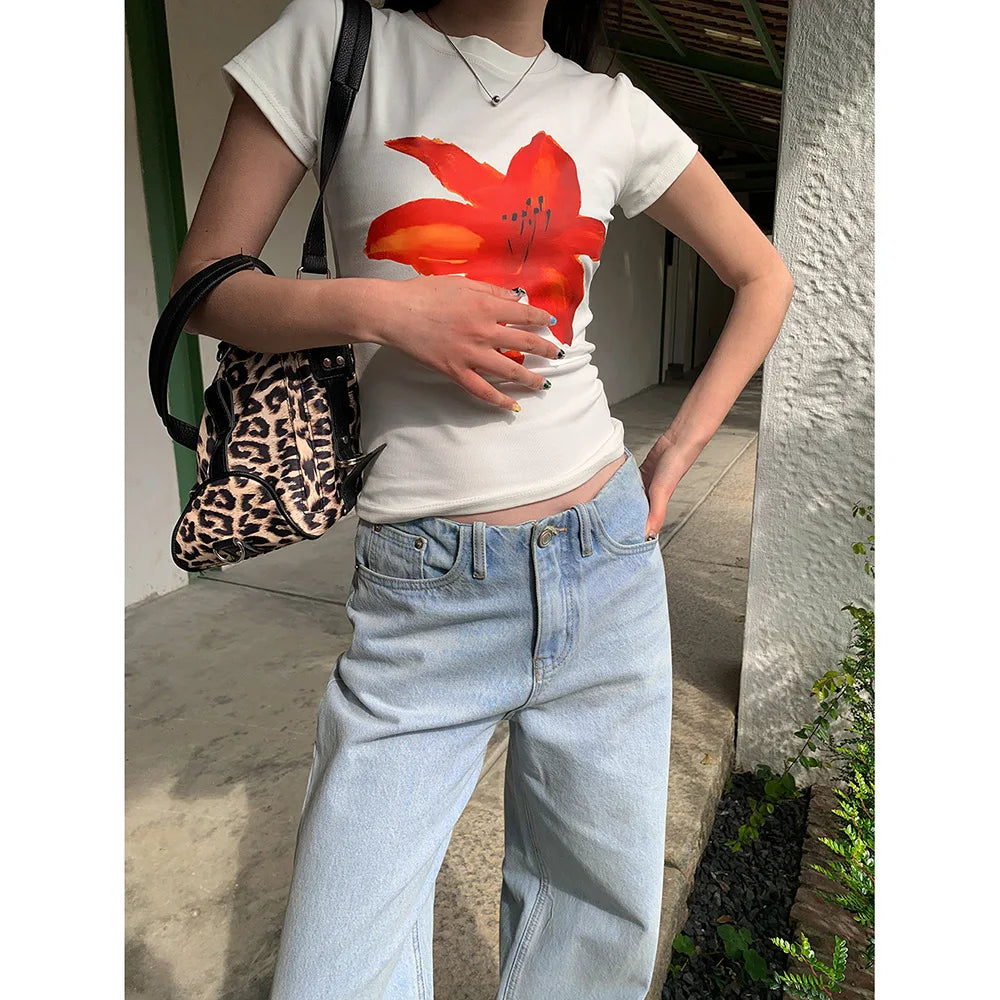 Aiertu  -  Girl Slim Flower Printed T-Shirt Women's 2026 Spring and Summer Versatile Short Top Women Aiertu