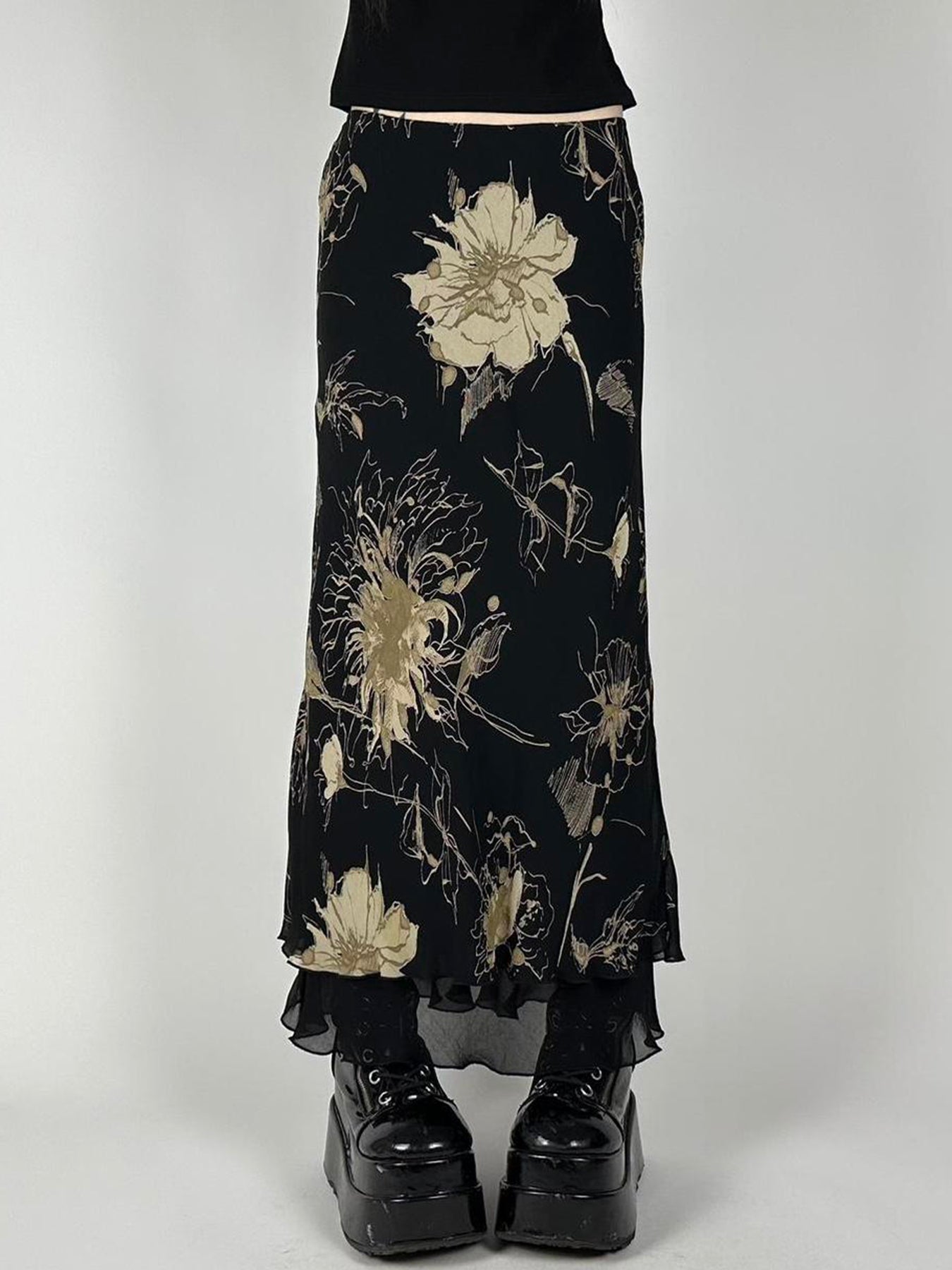 Aiertu - summer inspo Floral Print Two Layers Mesh Long Skirts For Women Vintage Elagant Fashion Low Waist Y2K Mermaid Skirt Vacation Aiertu