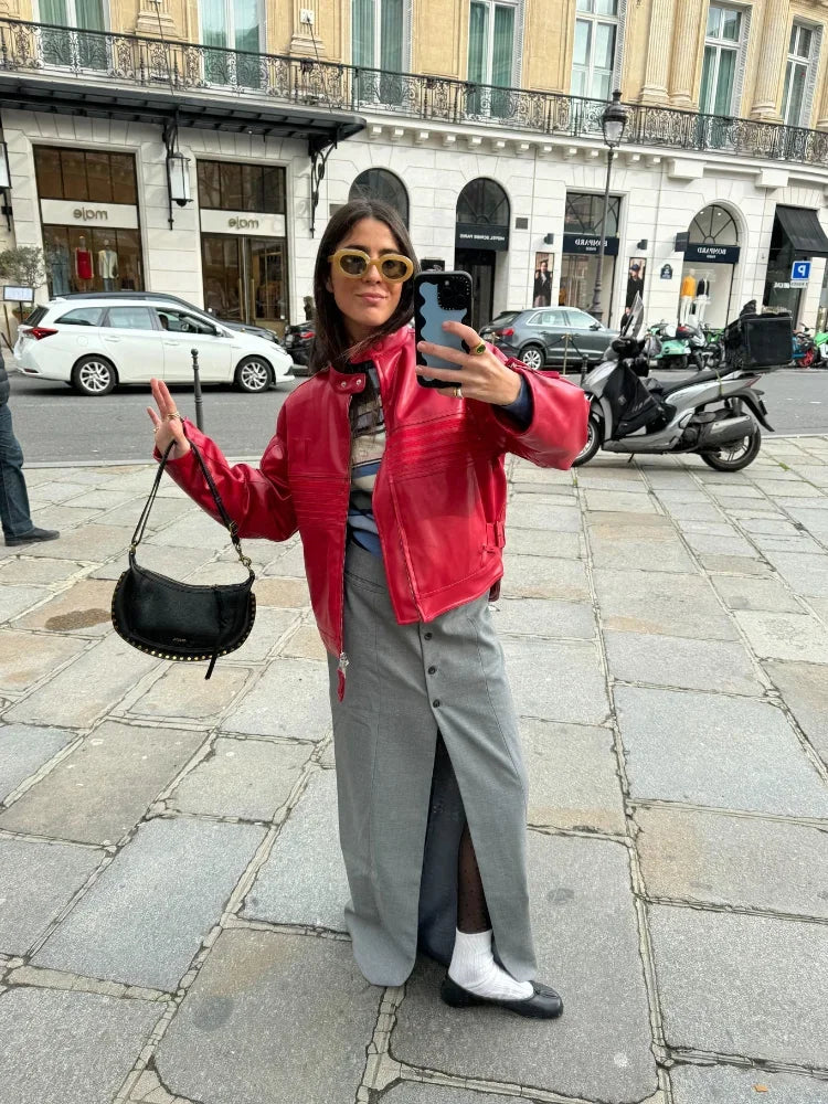 Aiertu  -  Autumn Winter Red Leather Zipper Short Jacket Women's Casual Long Sleeves Loose Coats 2026 New Ladies High Street Outerwear Aiertu