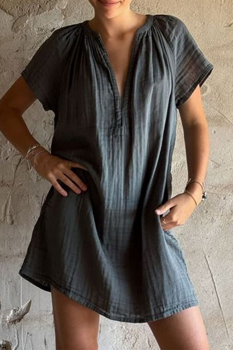 Aiertu  -Casual Solid Color Patchwork Ruched V Neck Short Sleeve Short Sleeve Dress aiertu