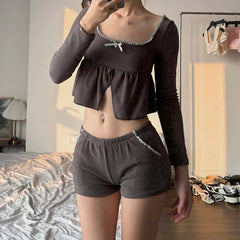 Aiertu  Aesthetic Outfits Women Lace Trim Sqaure Neck Babydoll Crop Tops Elastic Waist Shorts Cottage 2 Pieces Set 90s Vintage T-shirt Aiertu