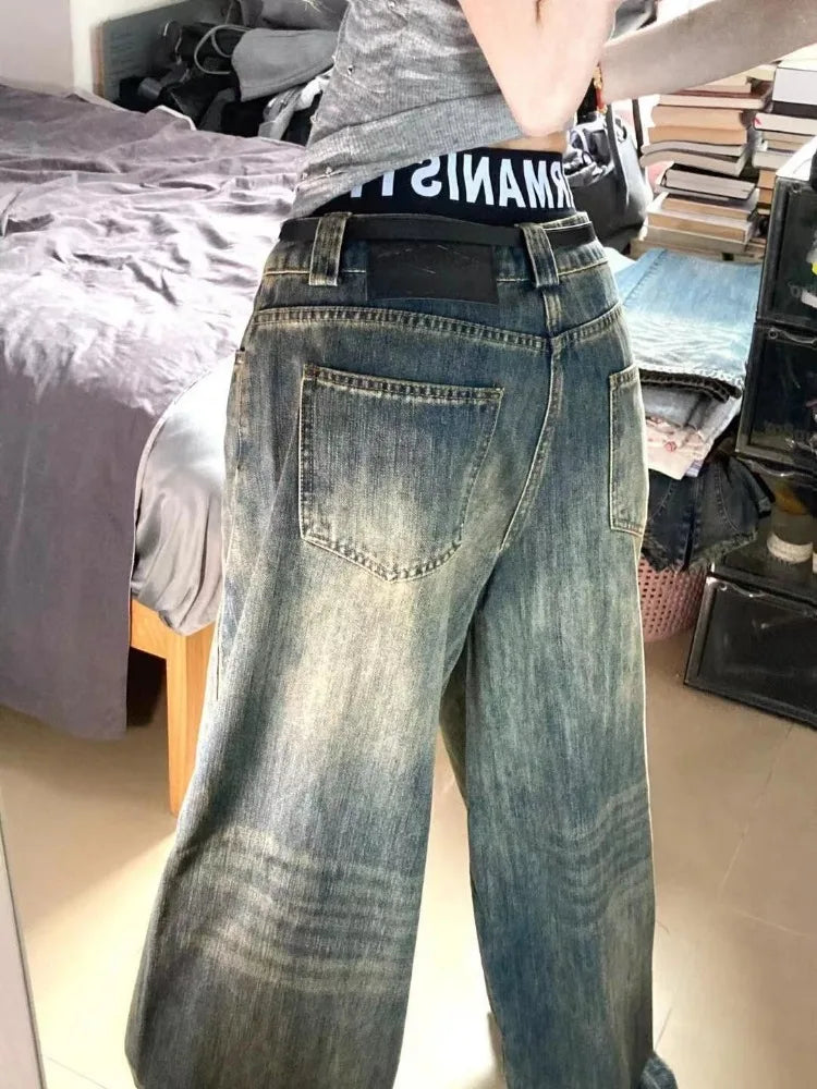Aiertu  Y2k Vintage High Street Wide Leg Jeans Women American Retro Casual  All-match Streetwear Denim Trousers 2000s Female Aiertu