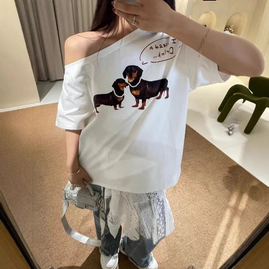 Aiertu  -  Summer New Pearl Necklace Dachshund Dog Print Short Sleeve T-Shirt Slash Shoulder Top Women Aiertu