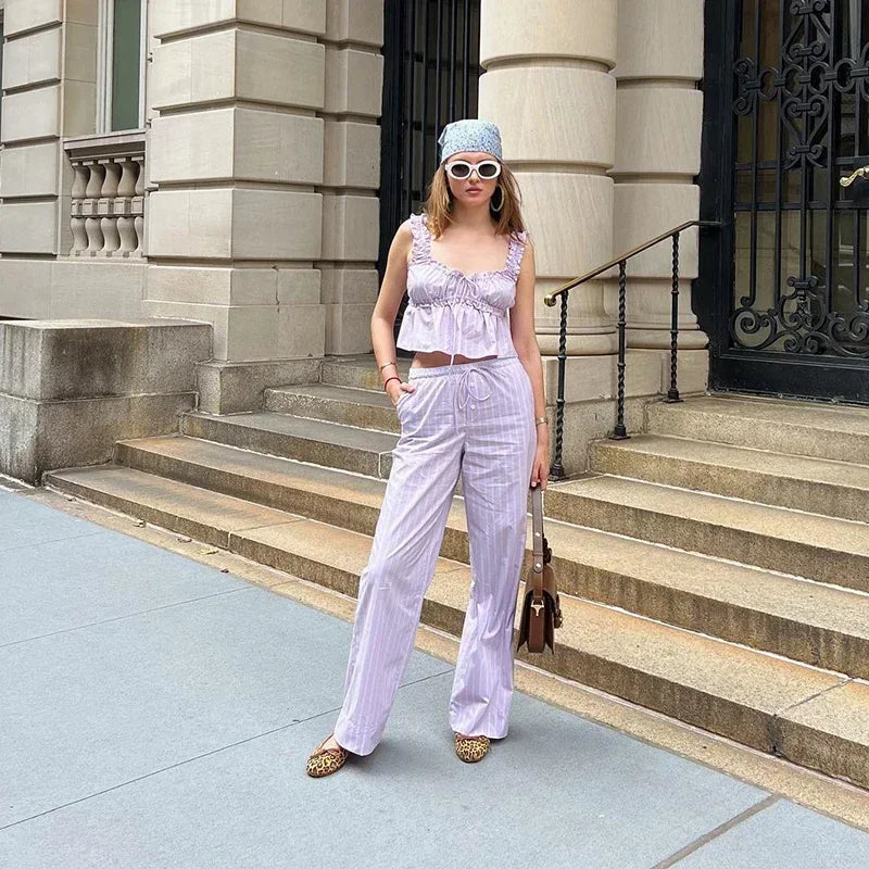 Aiertu  -  Casual Striped Ruffles Top Pants Suit Women Lace-up Sleeveless Pleated Vests Loose Wide Leg Trouser 2026 New Lady Set Streetwear Aiertu