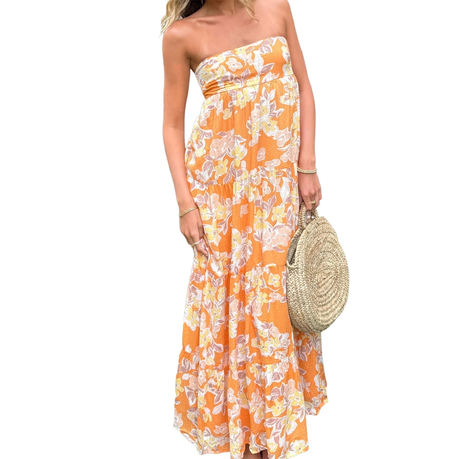Aiertu  -  Elegant Off-Shoulder Maxi Dress with Boho Floral Print and Lace-Up Back Detail for Summer Wedding Party or Vacation Beachwear Aiertu
