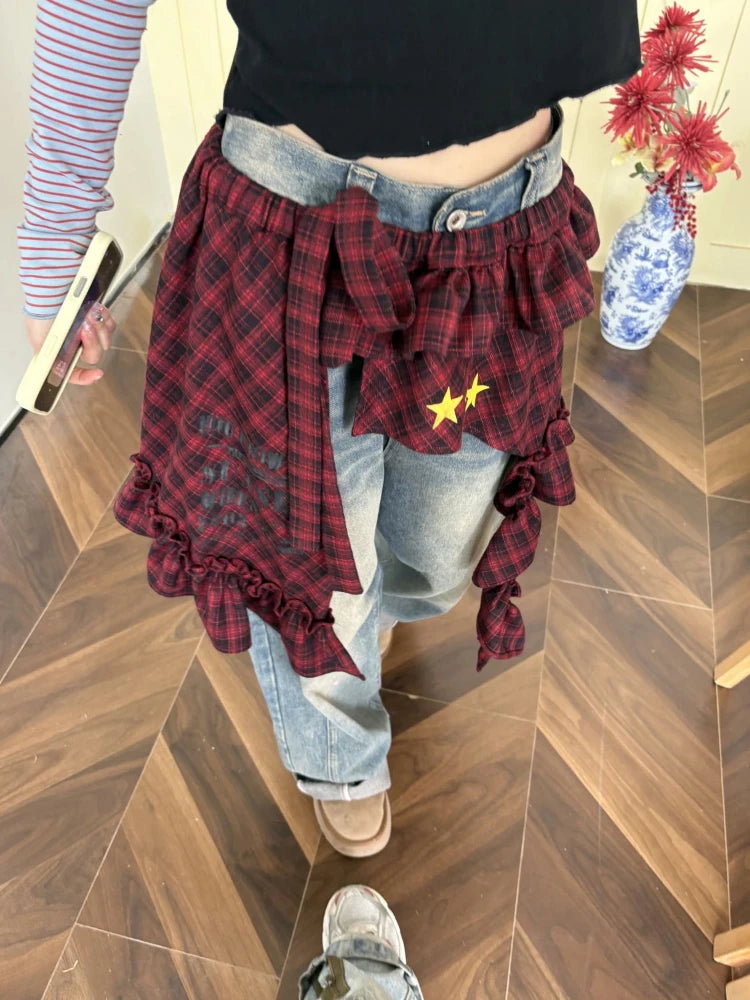 Aiertu  -  Y2k Aesthetic Plaid Irregular Ruffled Skirts Vintage Women Streetwear Letter Print Faldas Harajuku Grunge Casual Bandage Skirt Aiertu