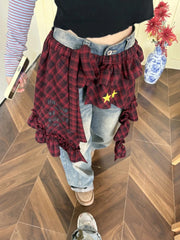 Aiertu  -  Y2k Aesthetic Plaid Irregular Ruffled Skirts Vintage Women Streetwear Letter Print Faldas Harajuku Grunge Casual Bandage Skirt Aiertu