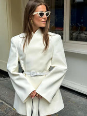Aiertu  -  Women Fashion Solid Stand Collar Long Coat With Shoulder Pads Elegant Full Sleeves High Waist Coats Chic Lady Street Overcoat Aiertu