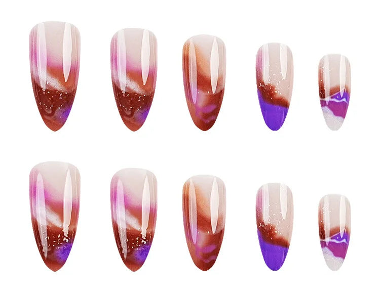Aiertu  -  24PCS Glitter Almond False Nail Tips with Nebula Blurred French Press on Nail Full Cover Acrylic Wearable Simple Fake Nail Patch Aiertu