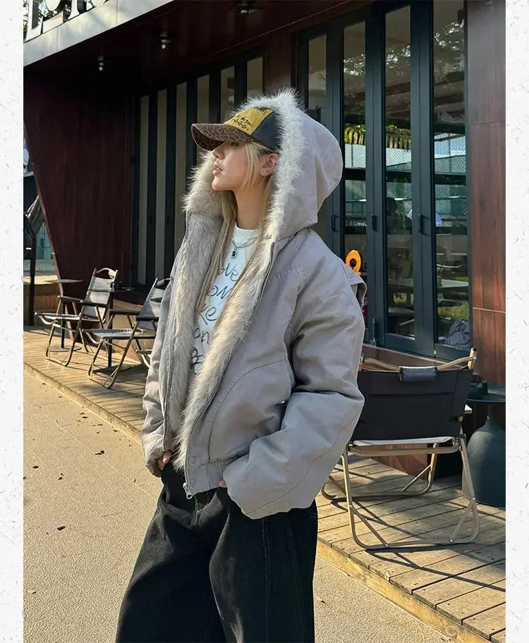 Aiertu  -  Trendy Y2K Plush Lined Hooded Solid Color Thick Coat Women's Popular Clothing Winter New Plus Velvet Thick Loose Casual Coat Aiertu