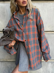 Aiertu  -   Vintage Loose Plaid Women'S Shirt Fashion Lapel Long Sleeve Office Lady Shirts and Blouses Tops Female Clothing New Aiertu