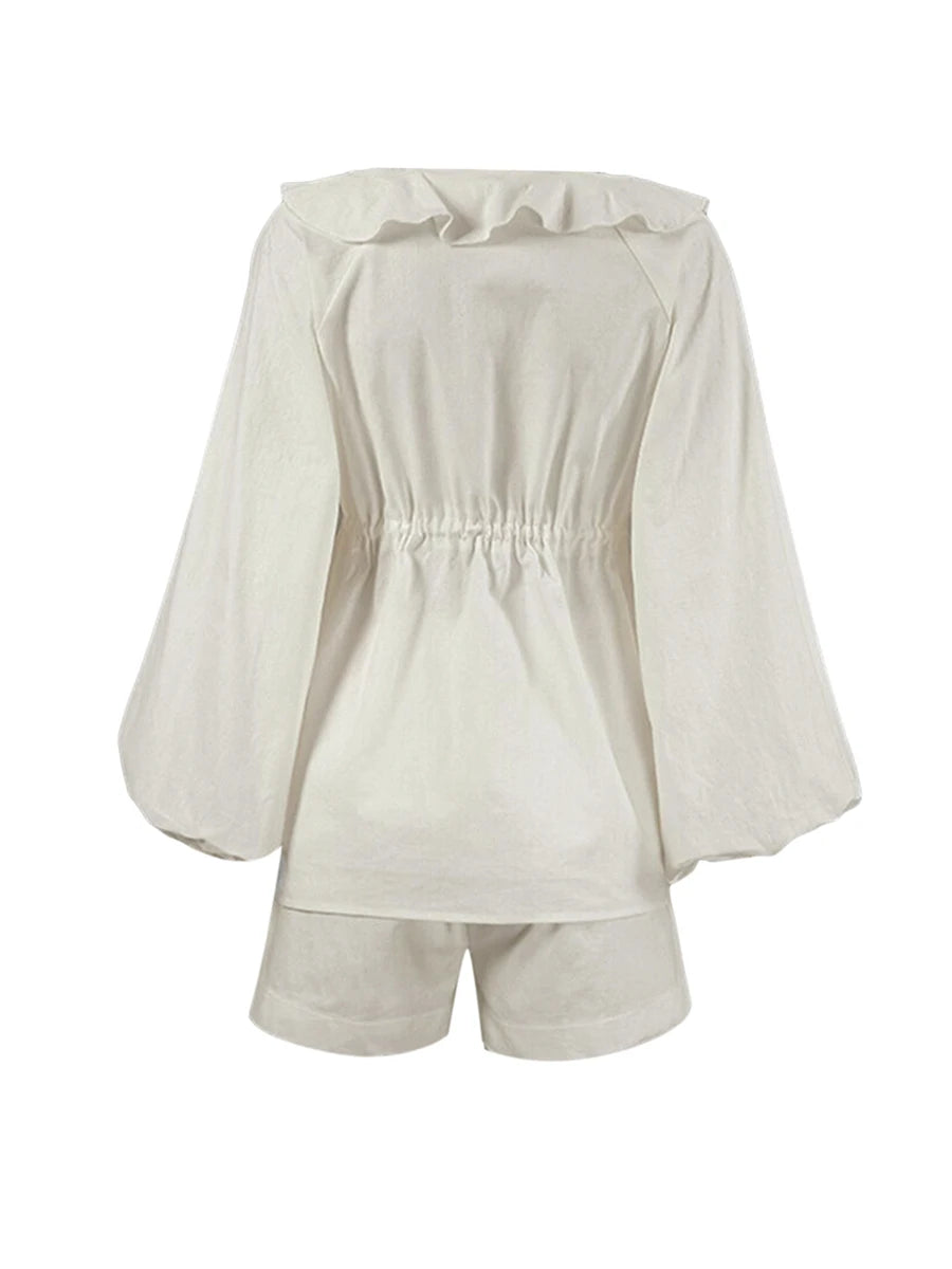 Aiertu  -  Women 2 Piece Outfits Ruffle Loose Tie Front Long Sleeve Shirt and Casual Elastic Shorts Club Streetwear Summer Clothes Aiertu