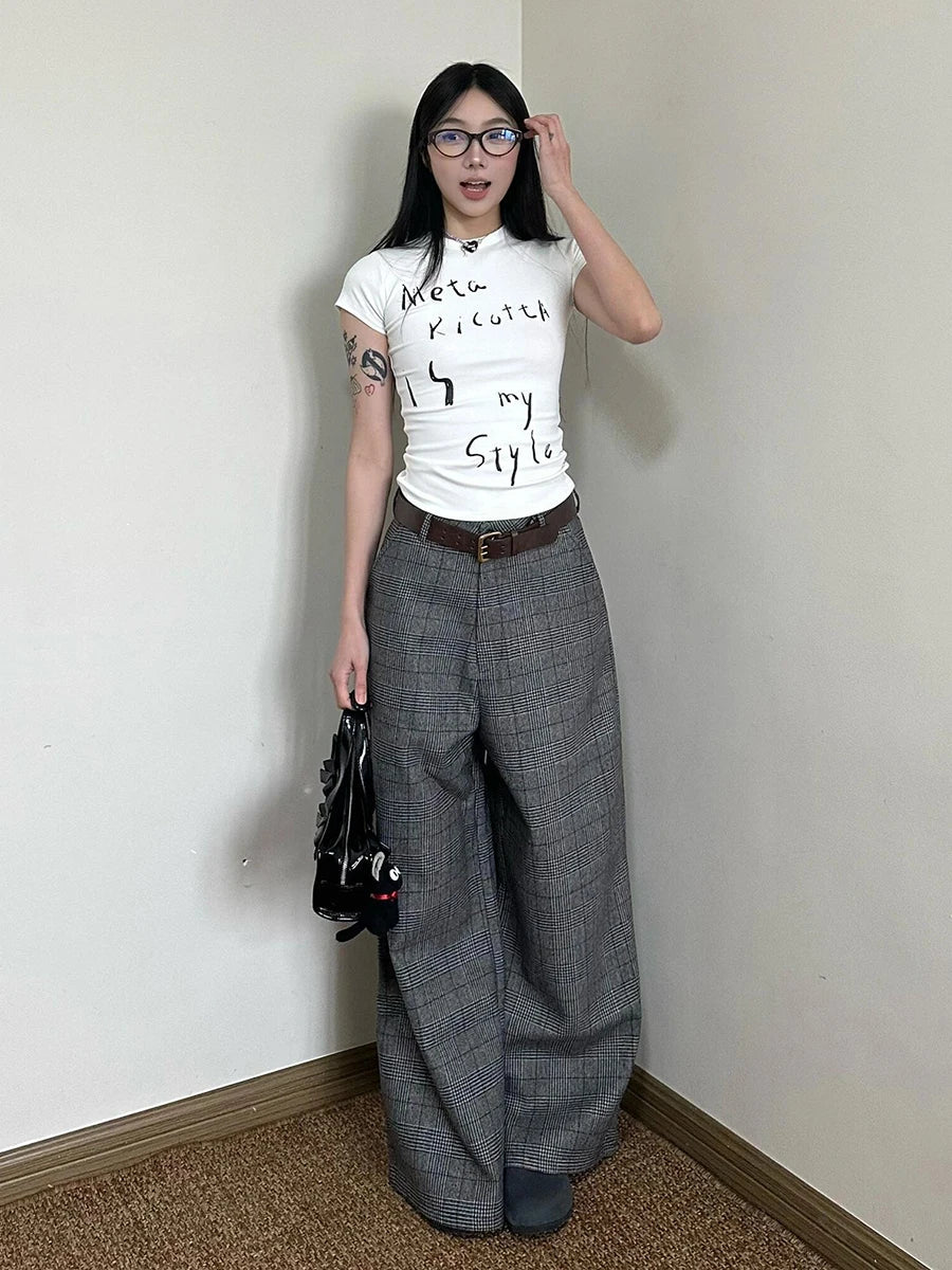 Aiertu  -  Women Checkered Tweed Suit Pants Office Work Casual Wide Leg Boot Cut High Waist Long Trousers Dressy Vintage Clothes Aiertu
