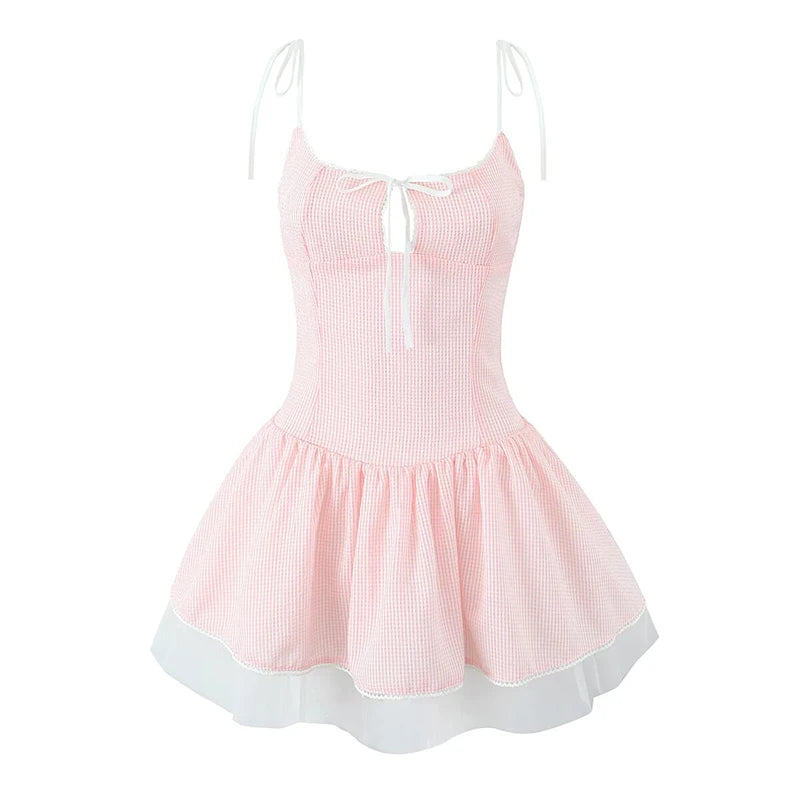 Aiertu  -  New Women Mesh Patchwork Pink Striped Sling Mini Dress Sexy Low Waist O Neck A-line Holiday Summer Dresses Sweet Robe Aiertu