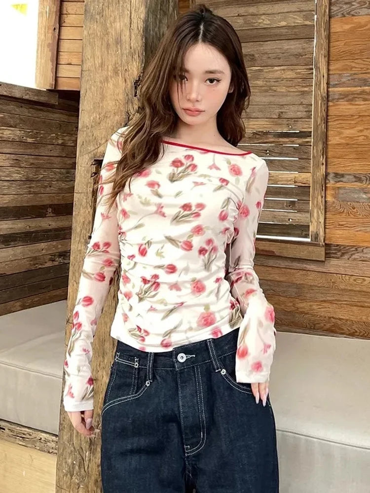 Aiertu  Sexy Backless Mesh T Shirt Women Slim Long Sleeve Floral Tops Korean Vintage Casual Hollow Out Lace Up Female Design Tees Aiertu