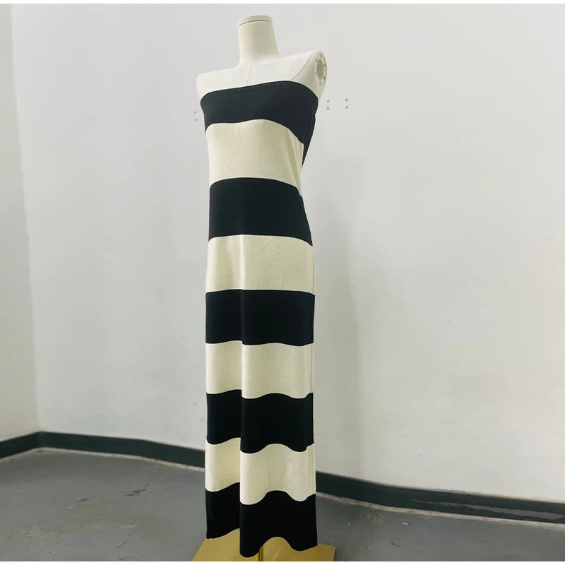 Aiertu  -  Knitted Striped Tube Tops Long Dress Long Jacket Women Set Backless Robe Long Sleeved Single Breasted Jacket Spring Summer Suit Aiertu