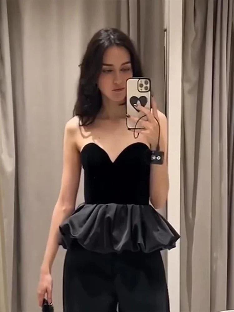 Aiertu  -  Sexy Velvet Patchwork Women Tank Strapless Sleeveless Backless Female Dresses 2025 Fashion Ruffle Hem Spring Fashion Lady Tops Aiertu