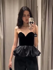 Aiertu  -  Sexy Velvet Patchwork Women Tank Strapless Sleeveless Backless Female Dresses 2025 Fashion Ruffle Hem Spring Fashion Lady Tops Aiertu