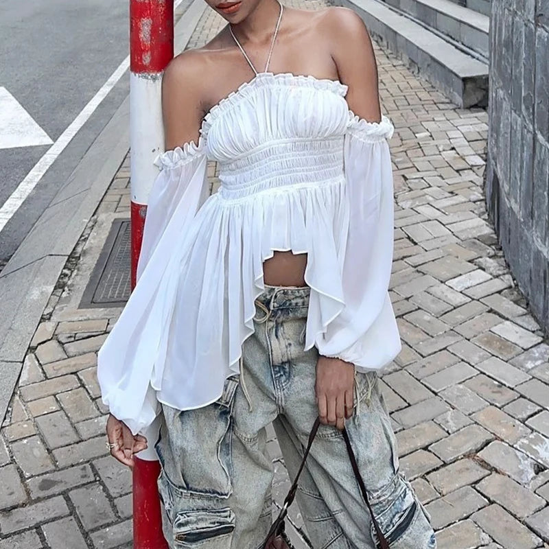 Aiertu  Off Shoulder Ruffles Sexy Lantern Long Sleeve Halter Backless Fashion All-match Crop Tops Y2K Summer Streetwear Blouses Aiertu