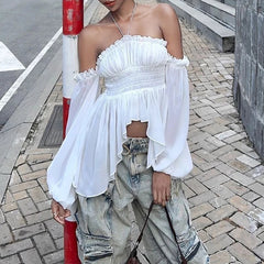 Aiertu  Off Shoulder Ruffles Sexy Lantern Long Sleeve Halter Backless Fashion All-match Crop Tops Y2K Summer Streetwear Blouses Aiertu