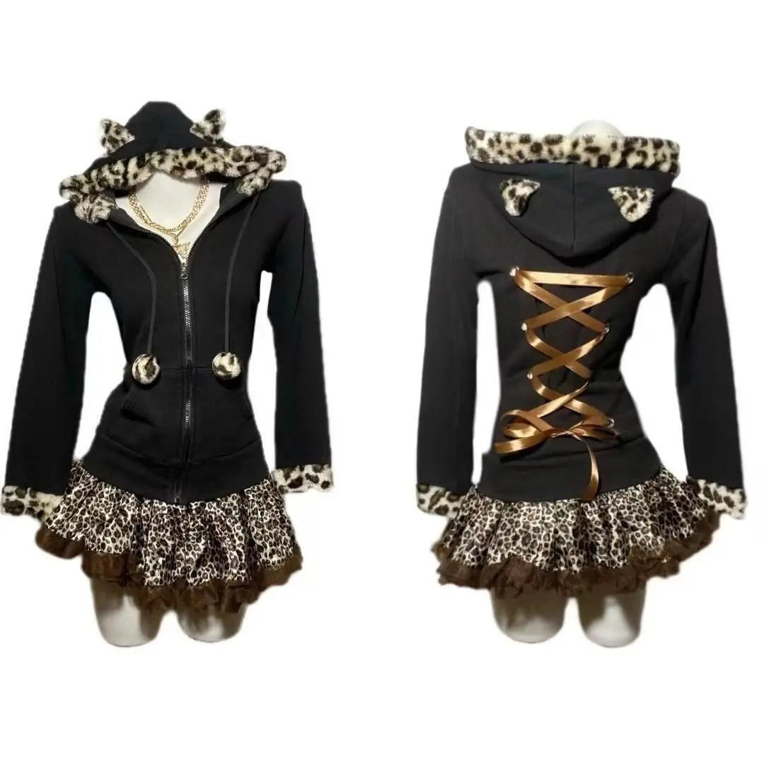 Aiertu  -  Korean Cat Ear Leopard Print Plush Hoodies Sweatshirt Women's Versatile Goth Strappy Sweatshirt Y2K Retro Popular Zip Up Hoodie Aiertu