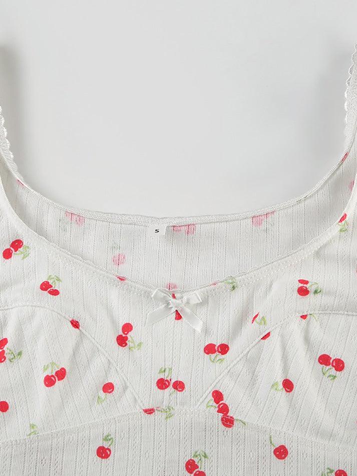 Aiertu  -  Cherry Print Bow U-Neck Crop Top Aiertu