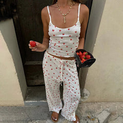 Aiertu  -  Strawberry Print Eyelet Two-piece Set Women Summer Sleeveless Slim Camis+Drawstring Pants Sets Home Cozy Sweet Casual Pajamas Aiertu
