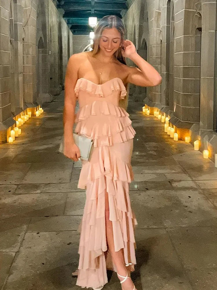 Aiertu  -  High Split Fork Ruffle Layered Bodycon Dress Sexy Off Shoulder Sleeveless Strapless Pink Dresses Chic Party Evening Gowns Women Aiertu