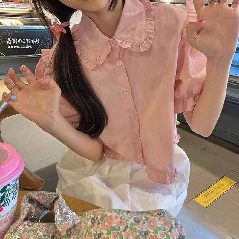 Aiertu Sweet Cute White Shirt Women Pink Ruffles Puff Sleeve Blouse Student Summer Kawaii Preppy Japanese Loose Casual Crop Tops Aiertu