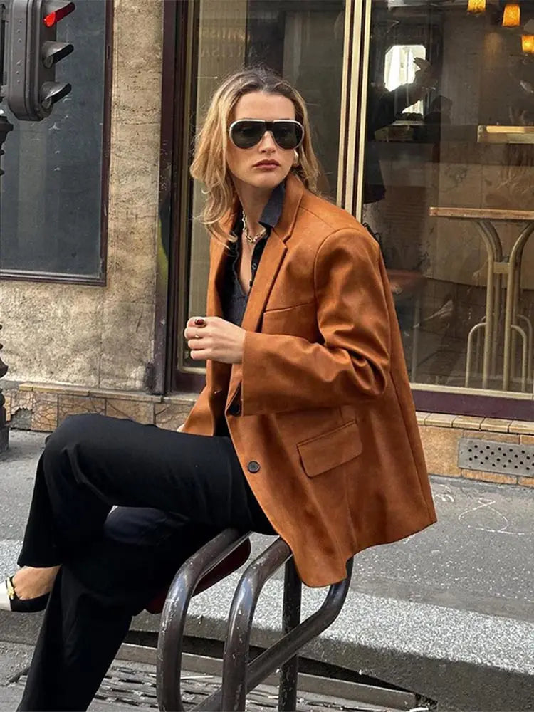 Aiertu  -  Retro Brown Lapel Blazer Jacket Women Fashion Single Breasted Long Sleeves Office Suit Coats Autumn New Lady Commute Outerwear Aiertu