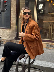 Aiertu  -  Retro Brown Lapel Blazer Jacket Women Fashion Single Breasted Long Sleeves Office Suit Coats Autumn New Lady Commute Outerwear Aiertu