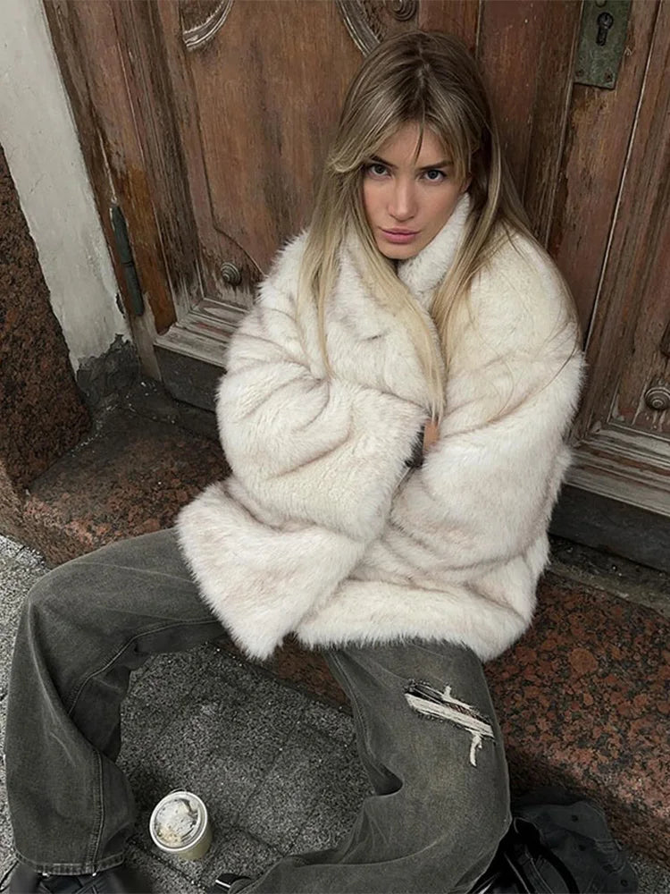 Aiertu  -  Women Fluffy Faux Fur Thick Coat 2026 Elegant Lapel Long Sleeves Short Overcoats Autumn Winter Chic Lady Street Warm Outerwear Aiertu