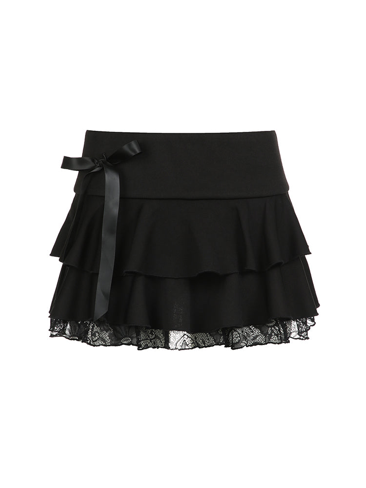 Aiertu - summer inspo Goth Y2K Black Lace Trim Bow A Line Mini Skirt Women Korean Streetwear Aiertu