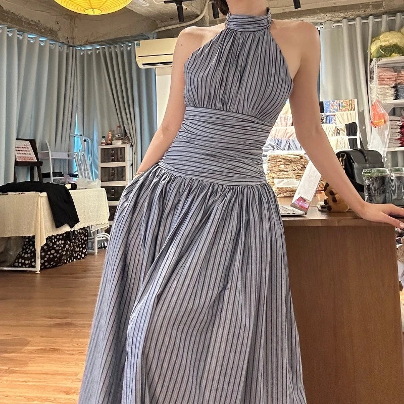 Aiertu  Stripe Halter Backless Pleated Fashion Elegant Casual Bodycon Midi Dress Spring Summer Fashion Party New Women Vestidos Aiertu